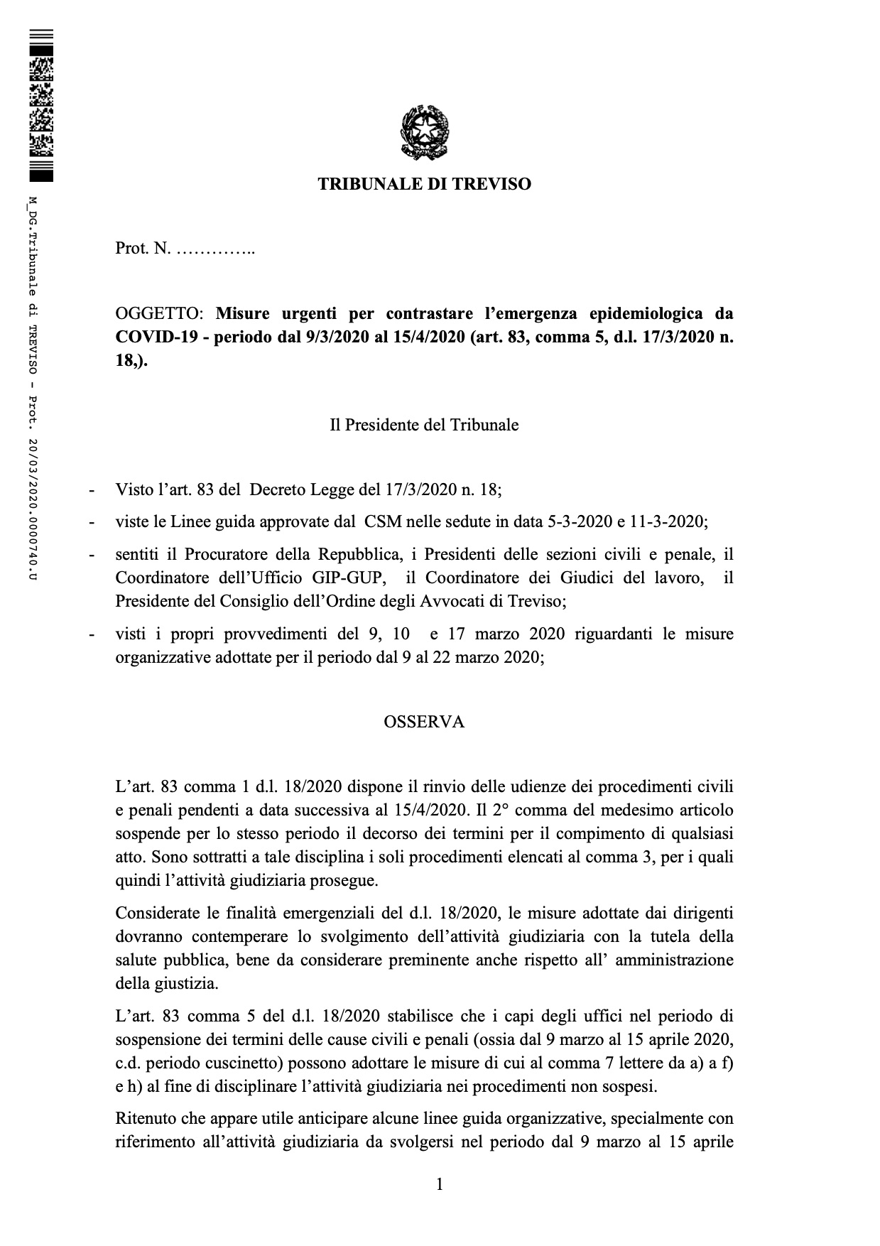 Provvedimento Presidente del Tribunale di Treviso - Prot 740-2020 Emergenza Covid-19 - 20.03.2020